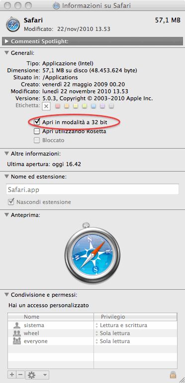 Capture schermata impostazione Safari 3 in modalit&agrave; a 32 bit